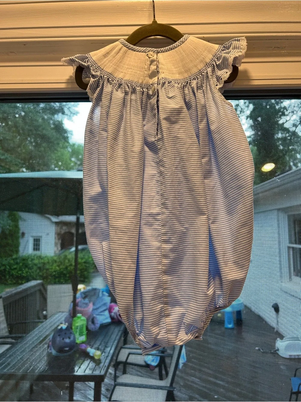 Smocked Baby Bubble Romper with Flag Motif - Blue & White
